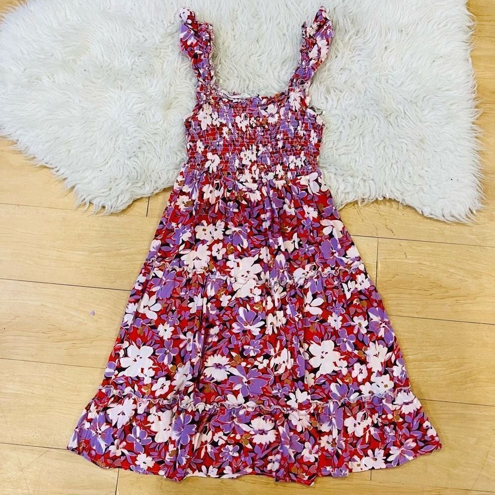 Casual red / pink summer floral midi dress size L.